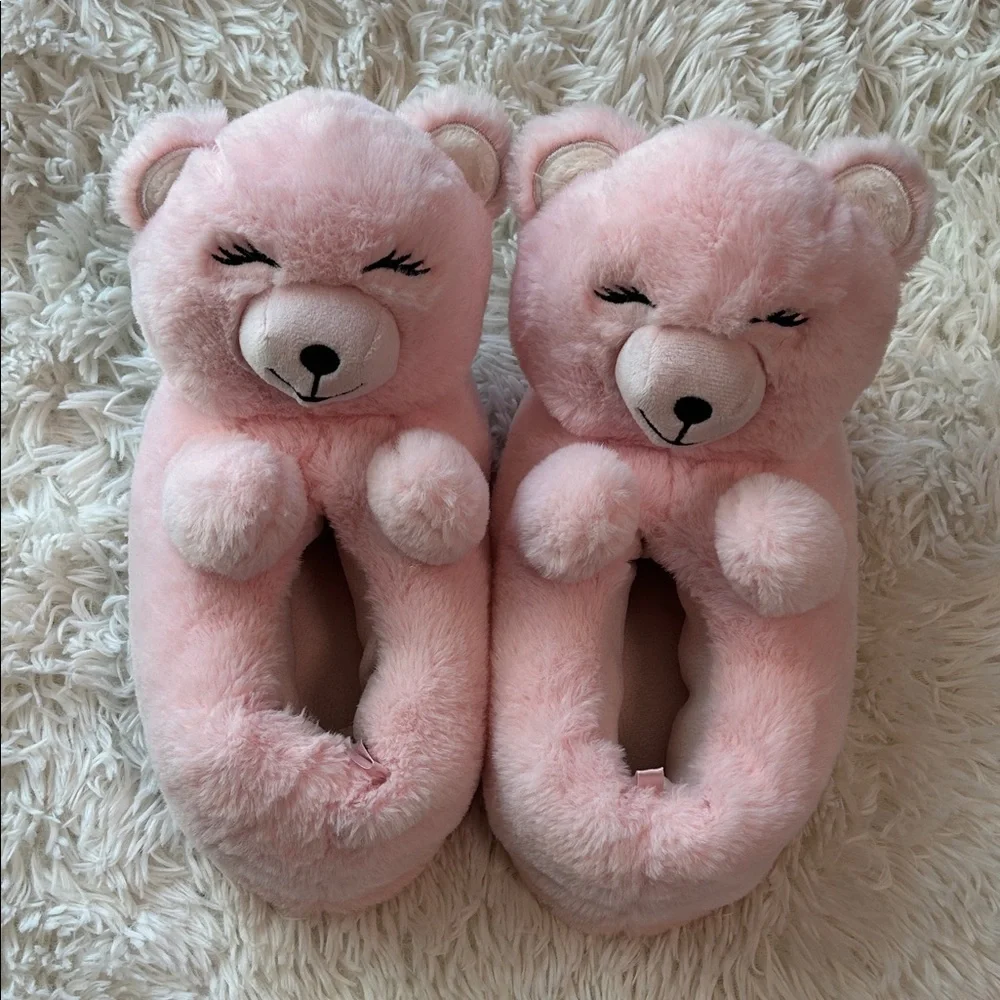 Old Navy Faux-Fur Pink Teddy Bear Critter Soft Plush Slippers for Girls XL (3-4)